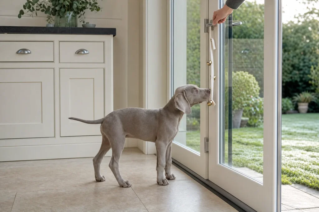 Weimaraner puppy nudges a strap of potty bells hanging at nose height on a glass back door while an owner reaches for the handle