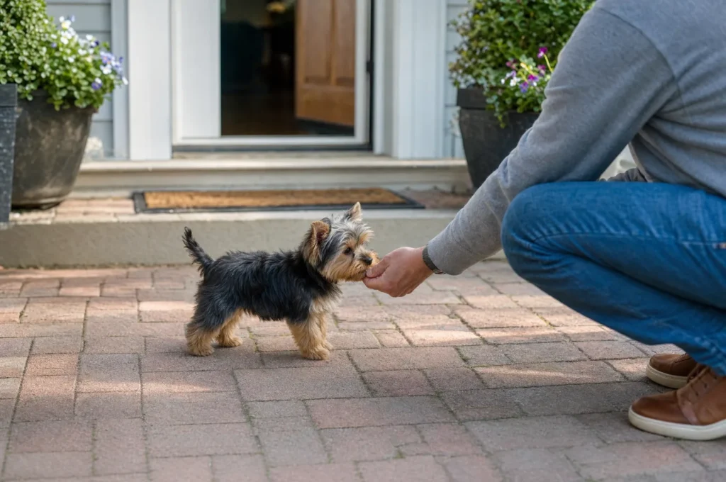 A Yorkshire Terrier puppy on a brick front walkway sniffs the hand of an owner crouched sideways near the open front door