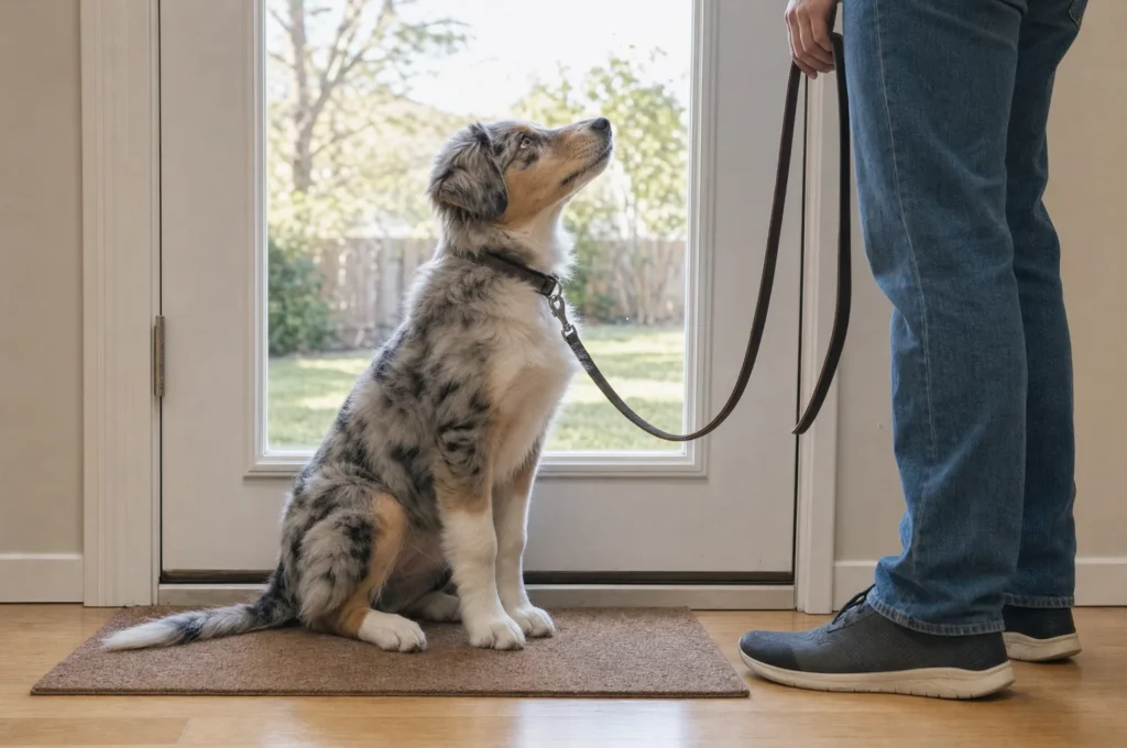 Australian Shepherd puppy waiting on a mat by the back door during potty training