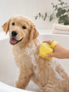 A wet puppy getting a gentle bath