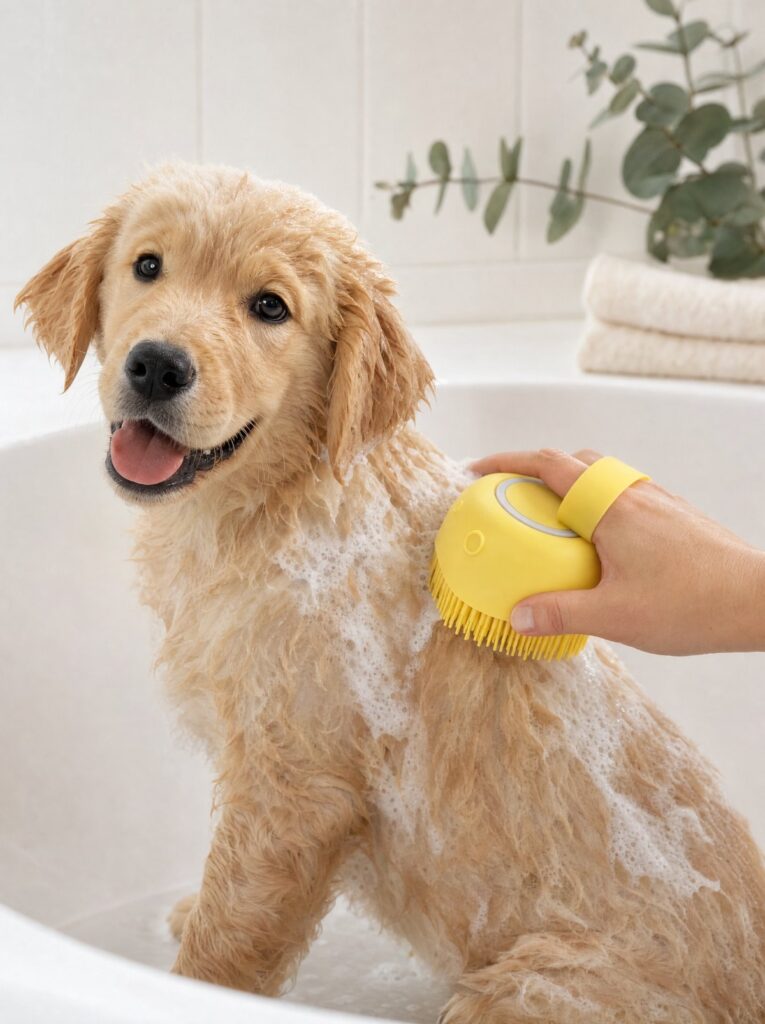 A wet golden retriever puppy getting a gentle bath with the yellow silicone bath brush
