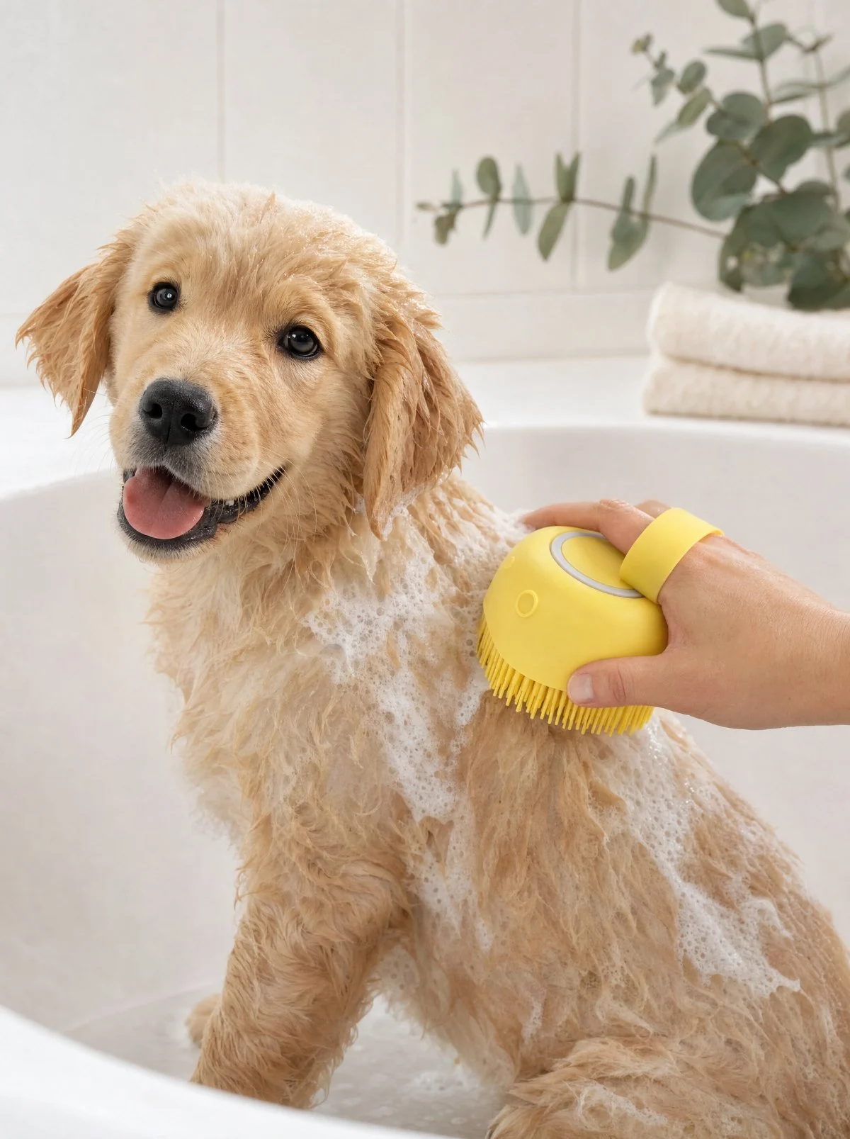 Puppy in the bath with a yellow silicone dog bath brush