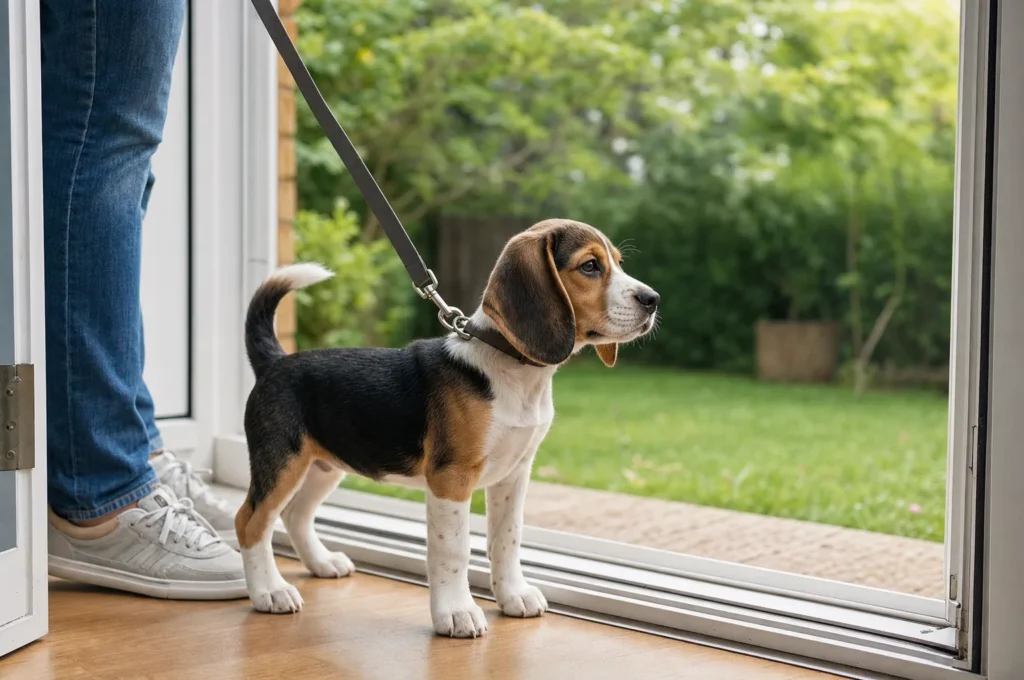 A tricolor Beagle puppy on a leash stands at the open back door beside her owner, ready for a potty trip during a potty training regression reset.