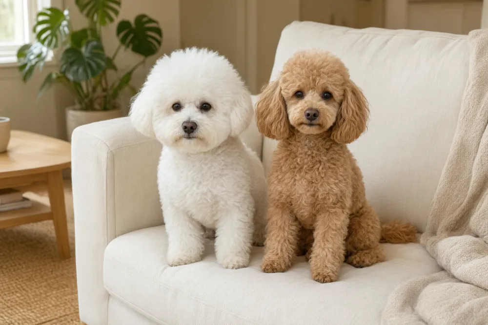 A white Bichon Frise and an apricot Toy Poodle, two curly-coated low-shedding breeds, sitting on a sofa