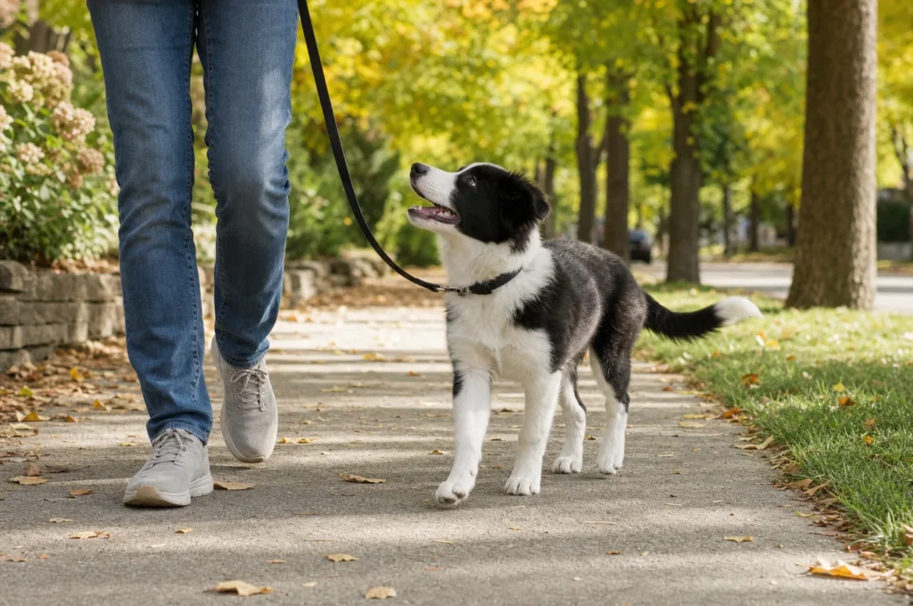 A Border Collie puppy on a loose leash walks beside a neighbor on a sunny autumn sidewalk at midday, the lunch visit in a 4 month old puppy schedule.