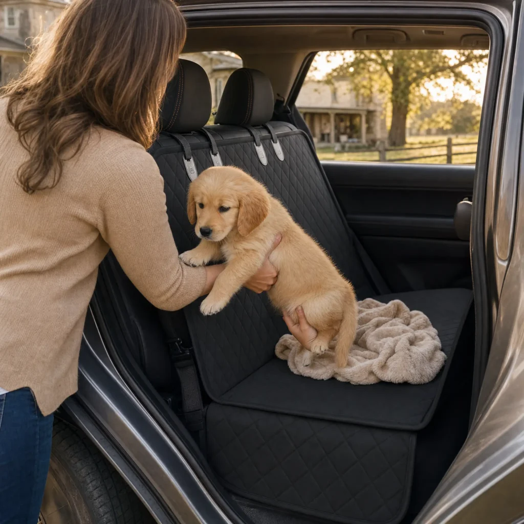 Owner placing a golden puppy onto a black car seat hammock with a soft blanket on pickup day