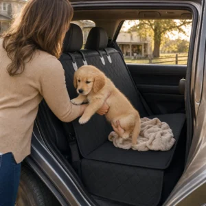 Placing a puppy onto the hammock on pickup day