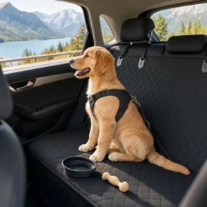 Puppy in a harness on the hammock during a road trip