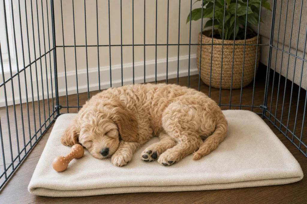 An apricot Cavapoo puppy naps curled up on a fleece blanket in the corner of her pen, a chew toy by her paws.