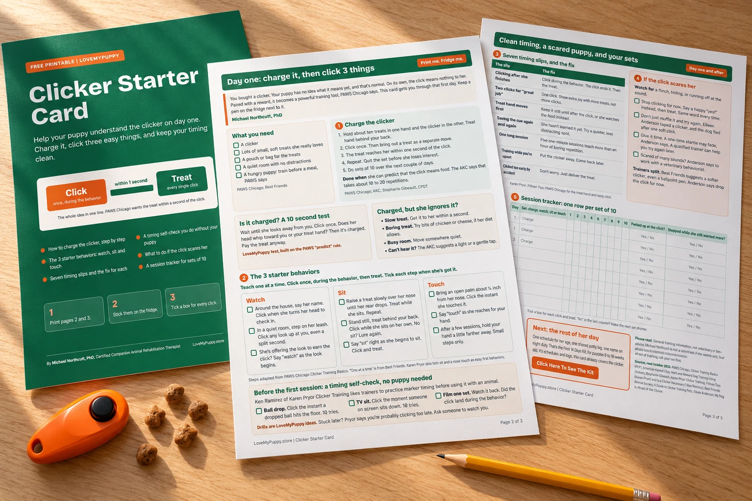 Illustrated preview of the three Clicker Starter Card PDF pages, with a clicker and treats for context