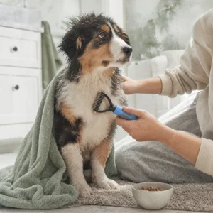 Combing a puppy after the bath