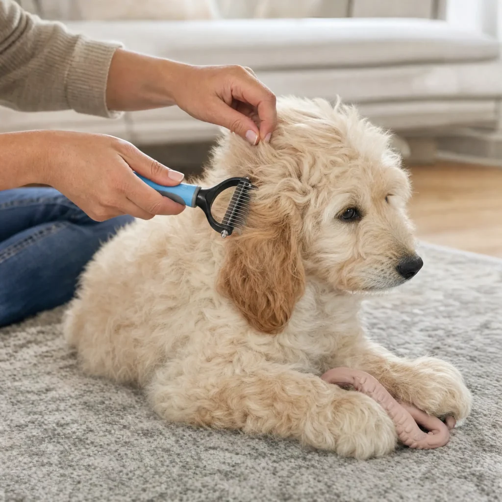 Owner holding a puppy's fur at the base while combing a small knot behind the ear with a dematting comb