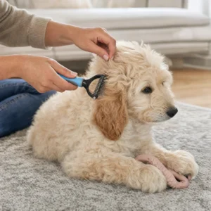 Combing the fur behind a puppy’s ear