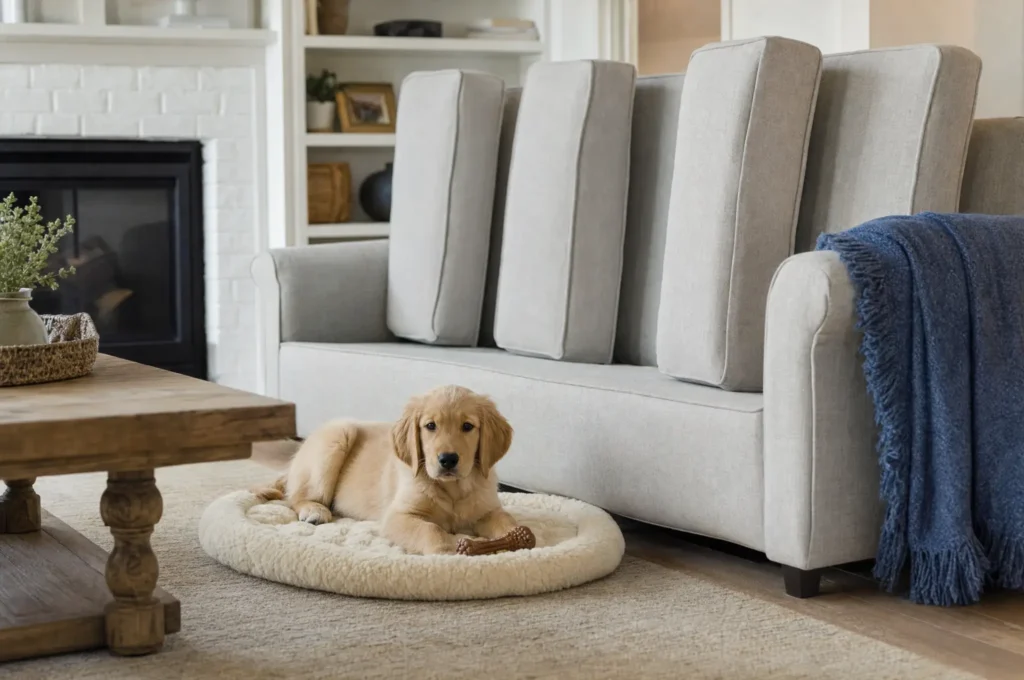 Couch cushions stood on edge to block the seat while a puppy rests on its own bed on the floor