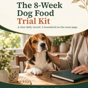 Cover of The 8-Week Dog Food Trial Kit: a beagle sitting at a kitchen table beside its owner and a closed green notebook
