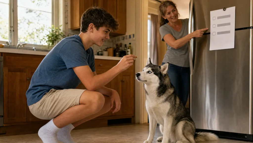 Teenage boy crouching to offer a treat to a Siberian Husky in the kitchen while his mother points to a blank checklist sheet on the fridge
