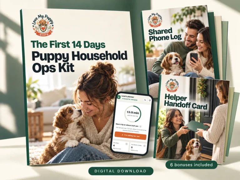 First 14 Days kit with the Shared Phone Log and Helper Handoff Card, plus the Potty Planner on a phone. 6 bonuses included.
