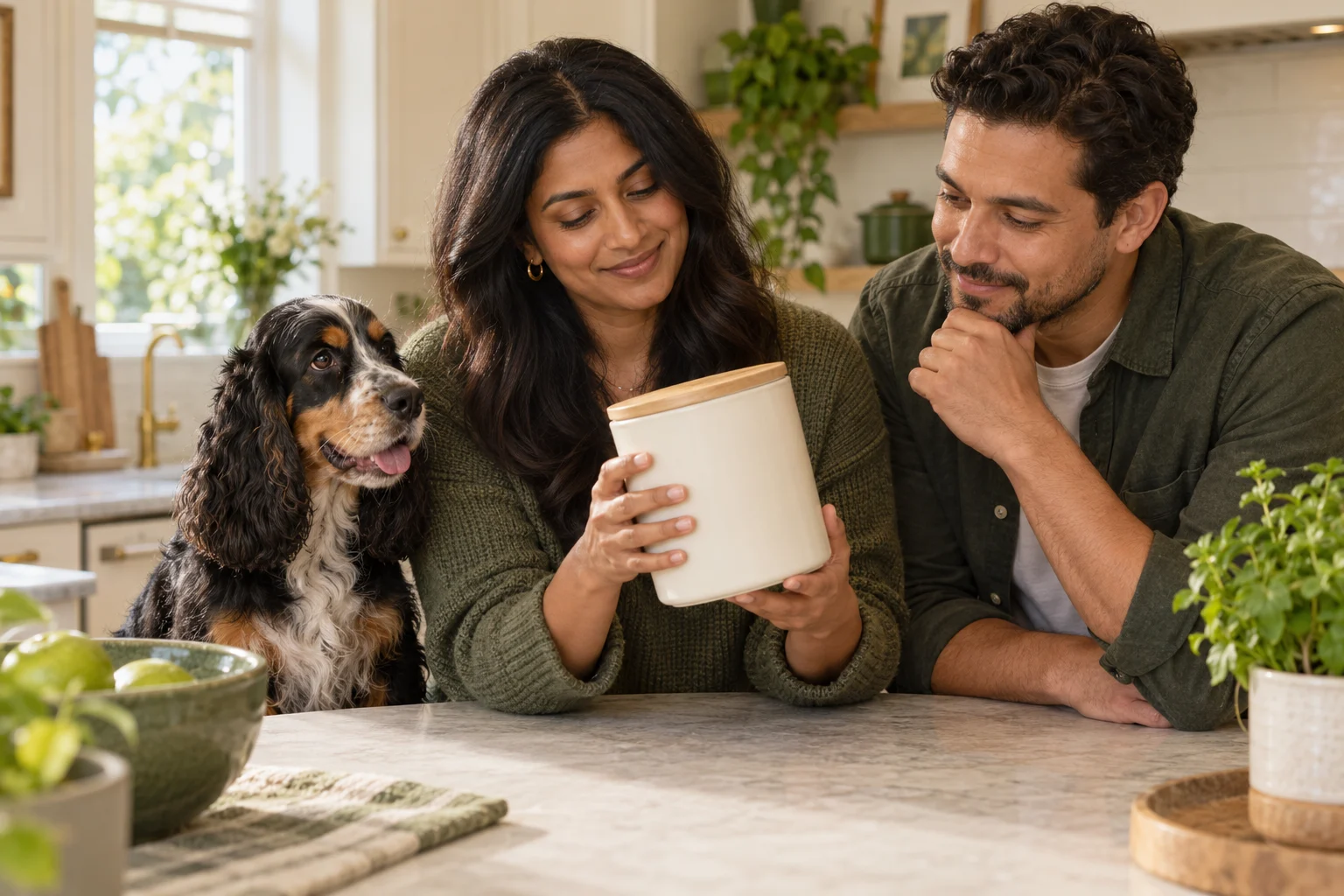 Illustration of two dog owners checking a food container together beside their Cocker Spaniel