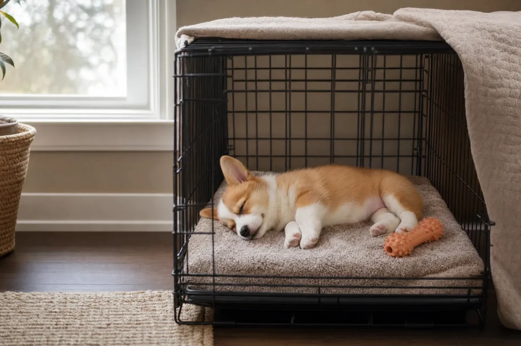 A corgi puppy asleep on her side inside an open wire crate with a blanket draped over the top, in a quiet corner of a living room