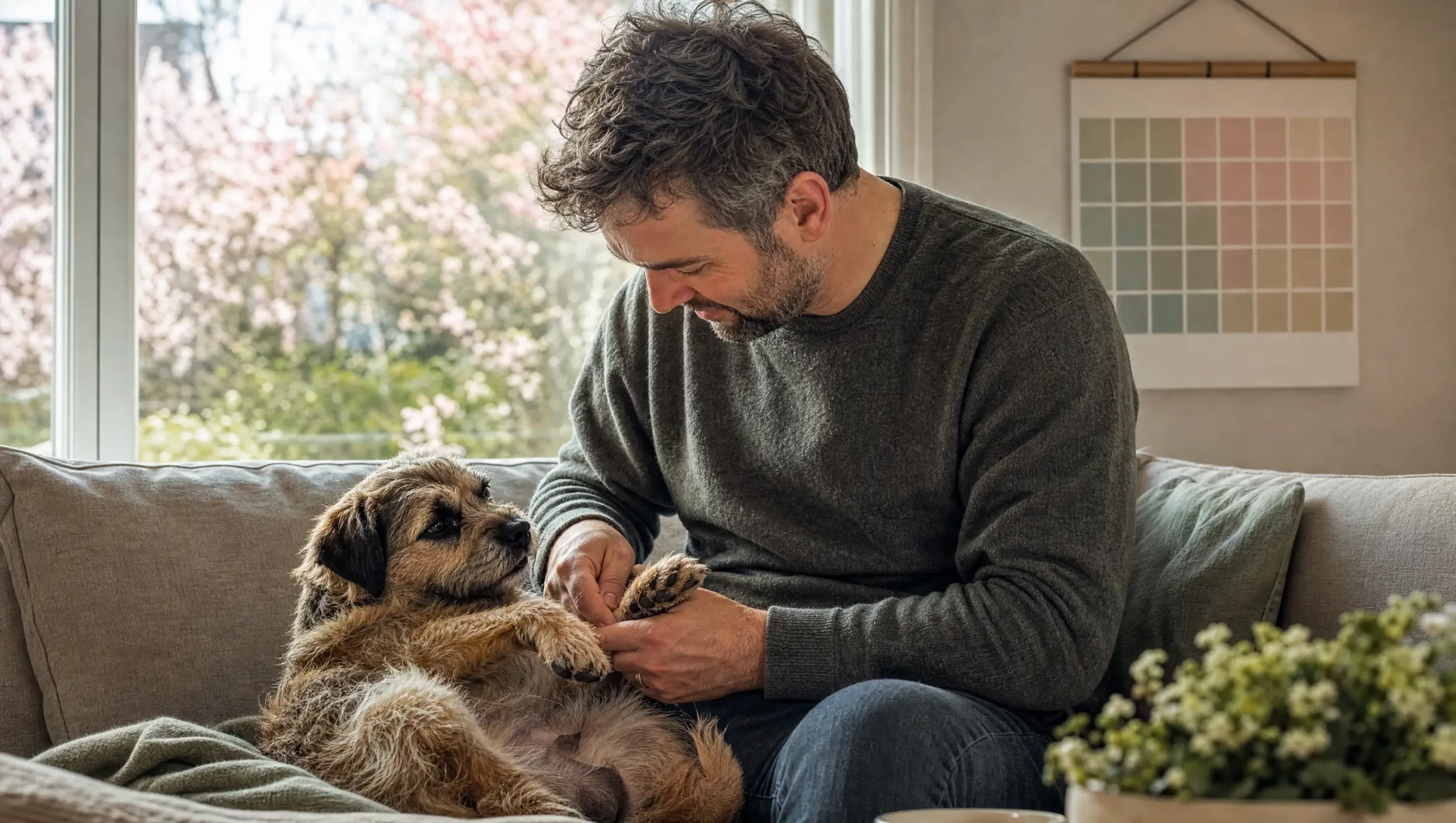 Owner checking a Border Terrier's paws by a spring window, with a color-block calendar on the wall