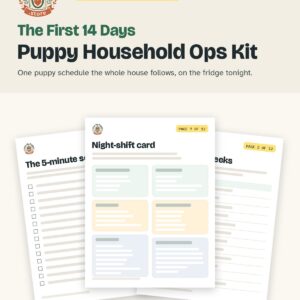 First 14 Days Puppy Household Ops Kit cover with a styled mockup of the kit pages