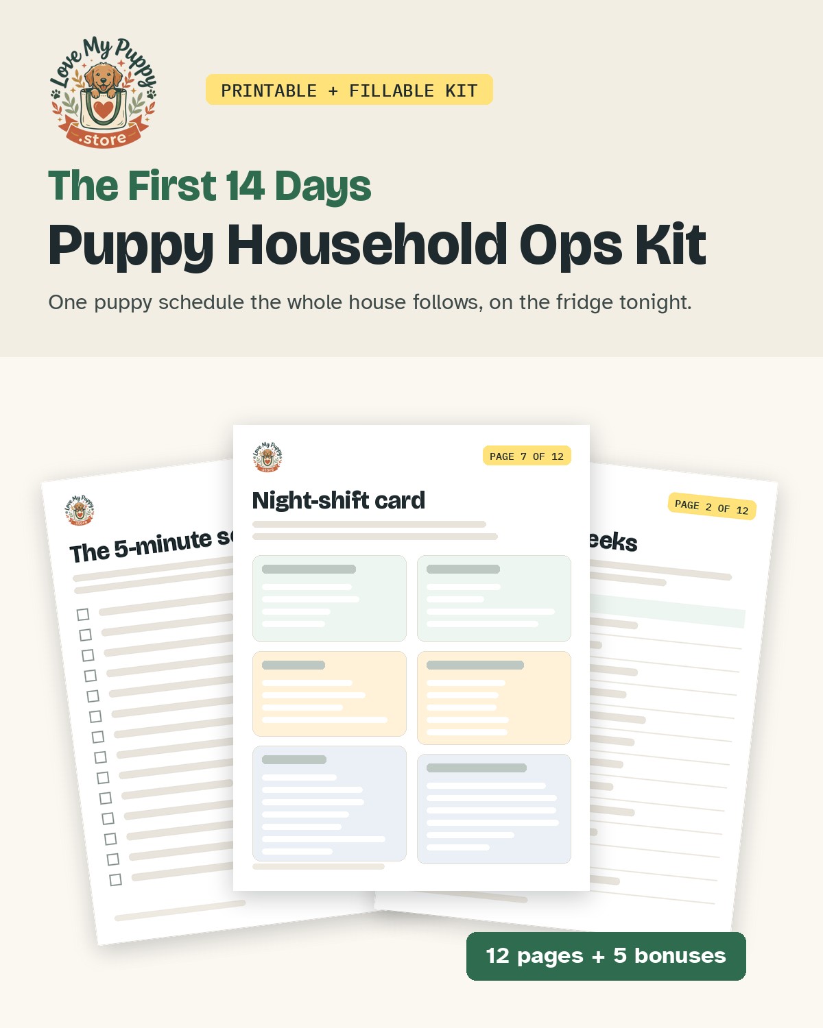 First 14 Days Puppy Household Ops Kit cover with a styled mockup of the kit pages