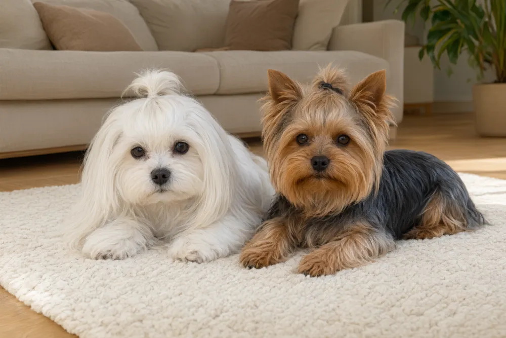A Maltese and a Yorkshire Terrier, small dogs with long silky low-shedding coats, lying on a rug