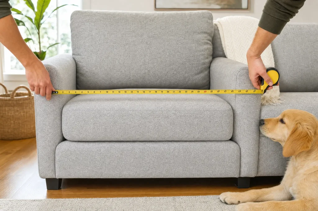 Person measuring a sofa seat width with a tape measure while a puppy watches