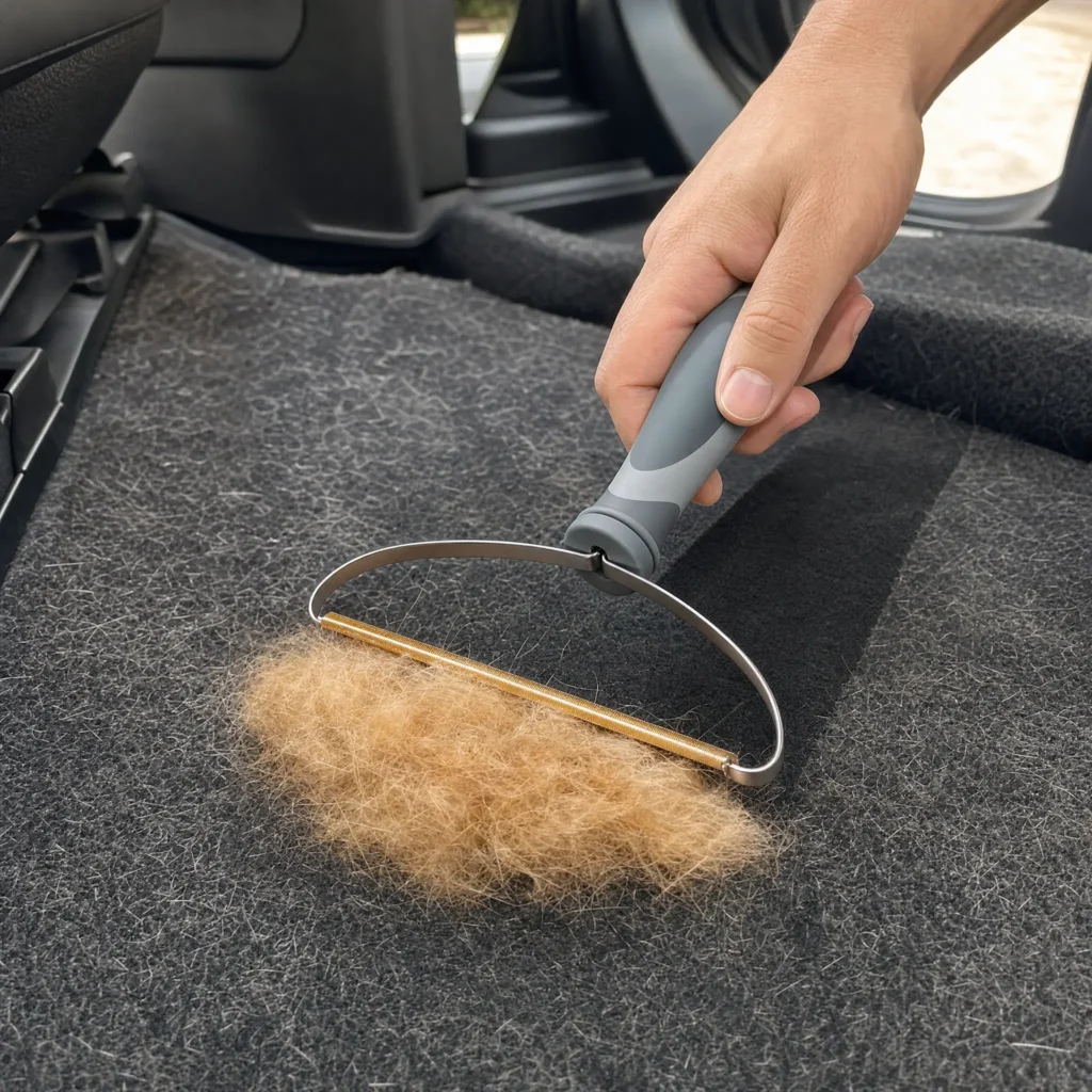 Hand raking a pile of tan dog fur off a dark car floor mat with a carpet rake