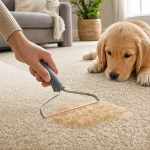 Raking puppy fur out of a carpet