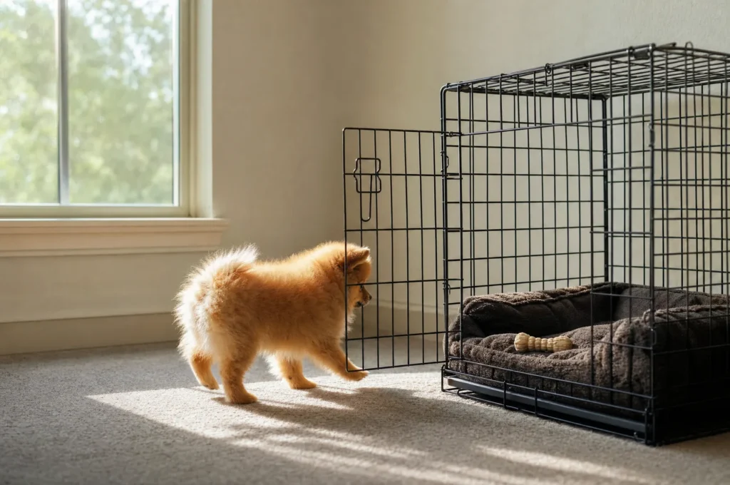 An 8 week old Pomeranian puppy walks toward her open crate, where a soft bed and a chew wait inside.