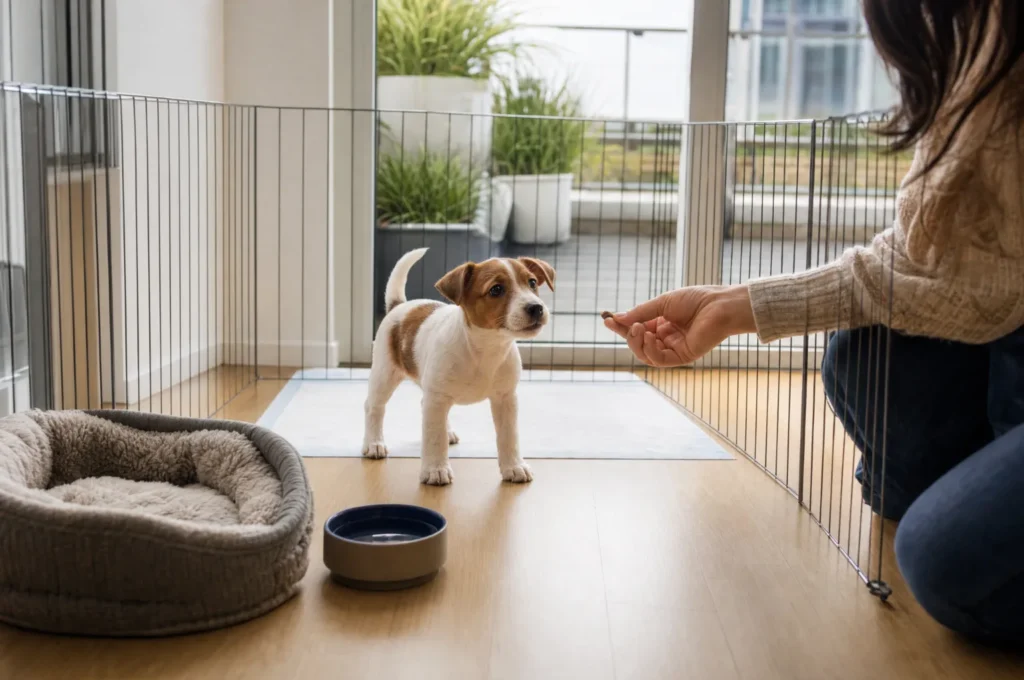A Jack Russell terrier puppy in an exercise pen with one puppy pad, a bed and water bowl at the other end, while an owner kneels with a treat by a glass door