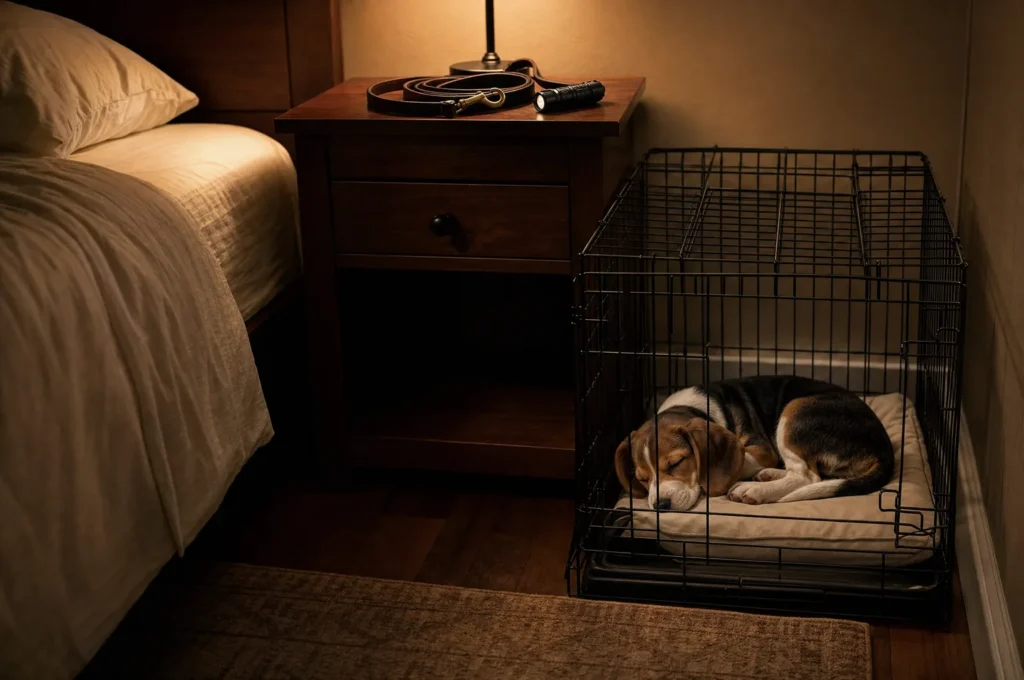 A beagle puppy curled up in a wire crate placed right beside a bed in a dim bedroom, with a leash and a small flashlight on the nightstand
