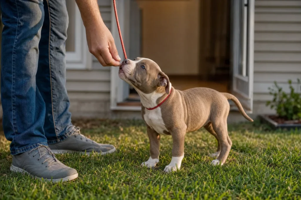 A pit bull puppy on a leash at her potty spot in the grass takes a pea-sized treat from her owner's lowered hand, the back door open a few steps behind her