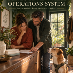 Reactive Walk Operations System digital guide cover with two caregivers reviewing a household plan beside their dog