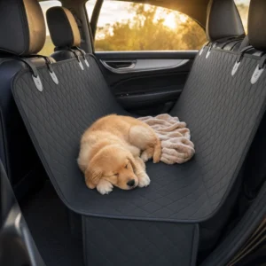 Puppy asleep on the car seat hammock
