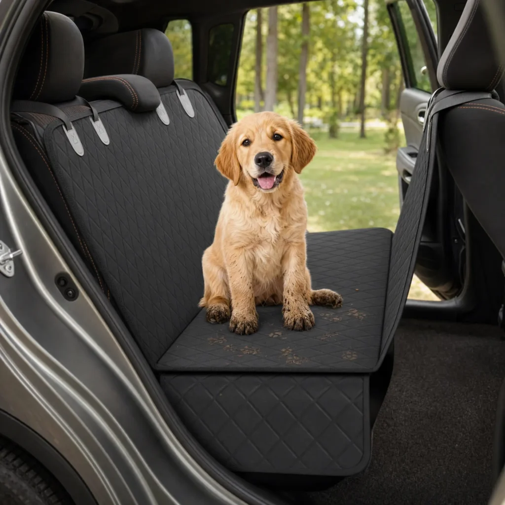 Puppy with muddy paws on a black quilted car seat hammock, the back seat underneath kept clean