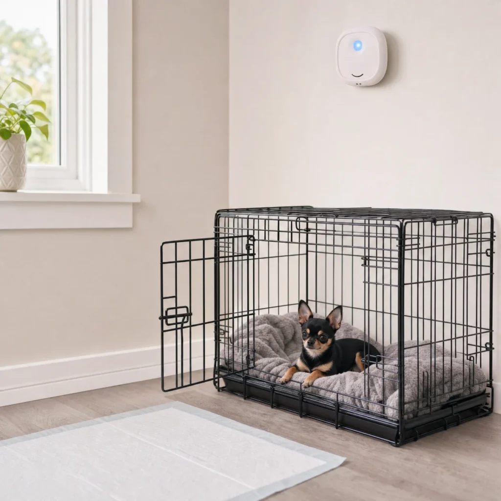 Odor eliminator mounted high on the wall above a crate where a Chihuahua puppy rests