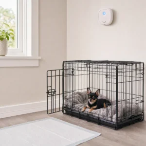 Odor eliminator mounted high on the wall above a crate where a Chihuahua puppy rests, with a pee pad on the floor