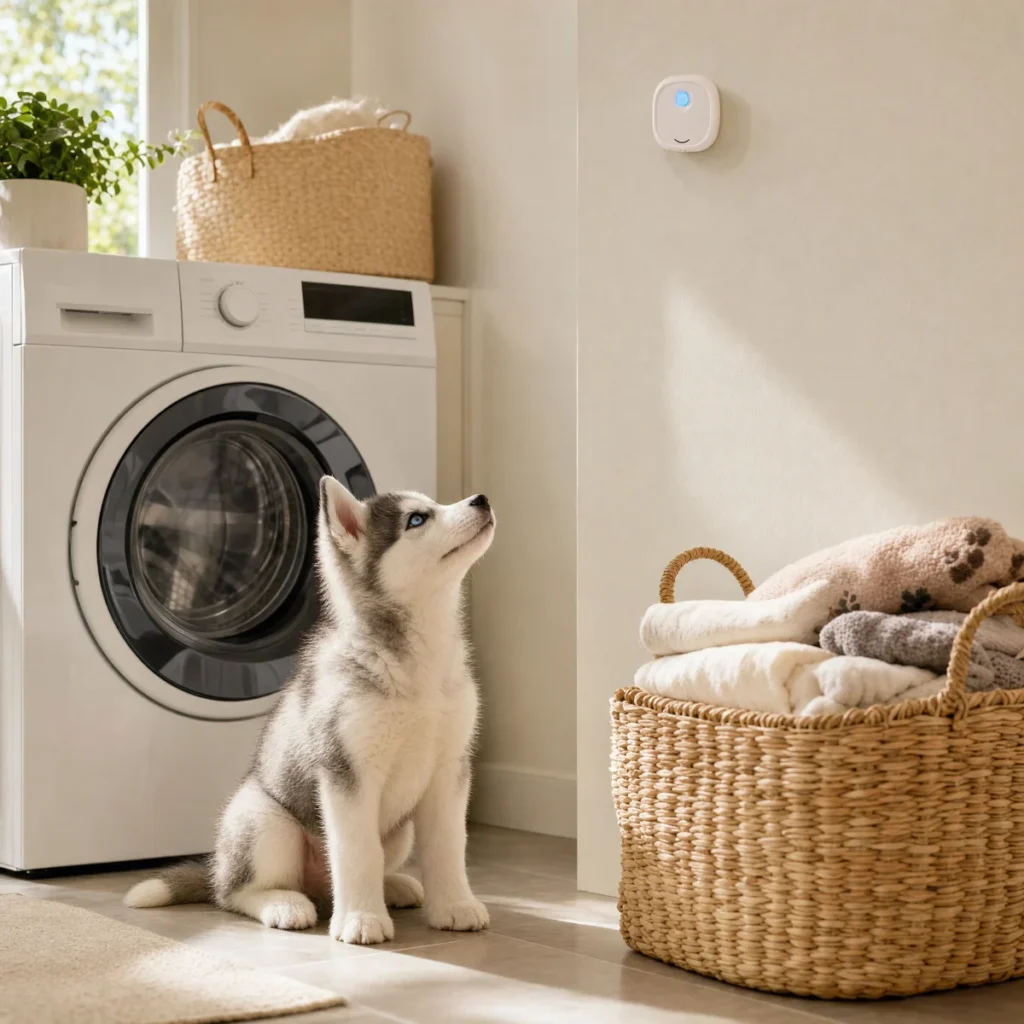 Odor eliminator high on a laundry room wall with a Husky puppy below