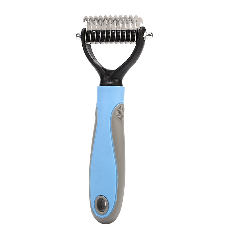 Double-sided puppy dematting comb with a blue and gray handle, wide blades on one side, finer blades on the other