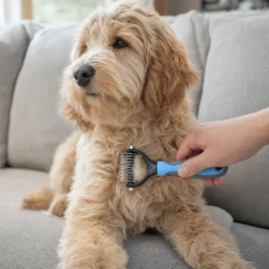 Combing a goldendoodle puppy on the couch