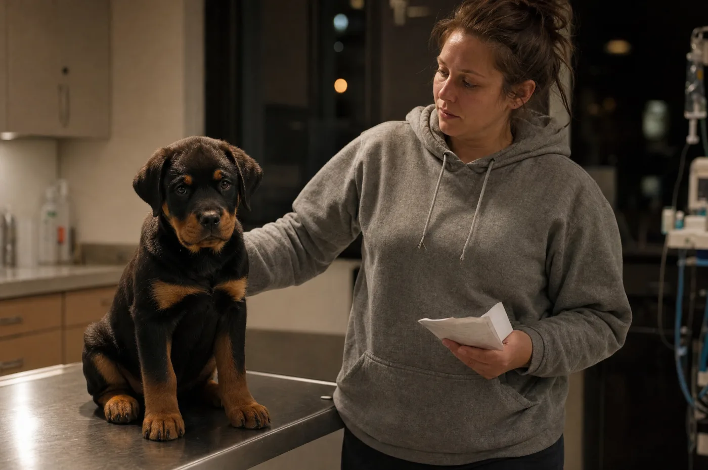 A Rottweiler puppy on an exam table at an emergency vet at night, its owner holding the bill