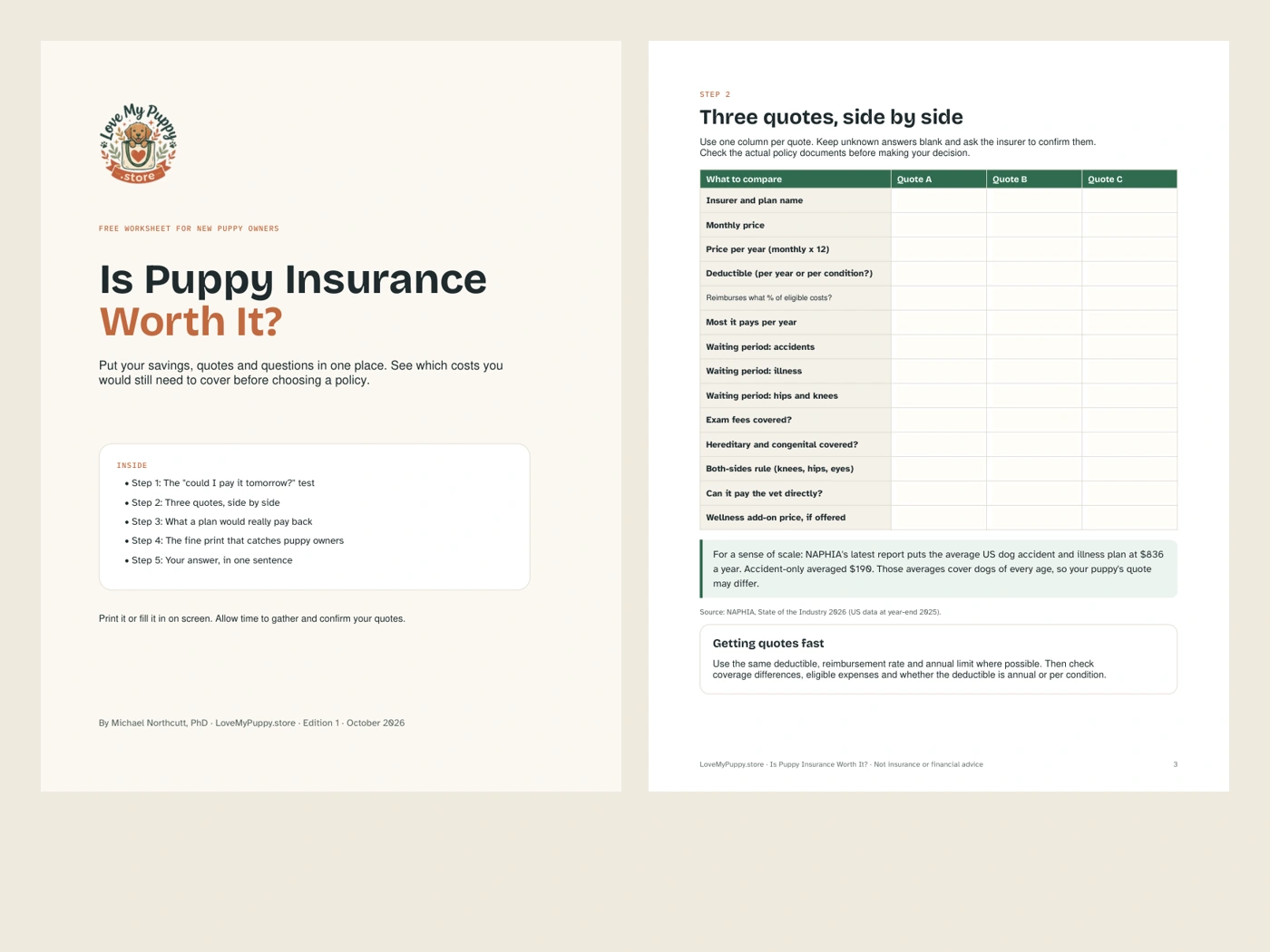 Actual cover and quote comparison page of the free Puppy Insurance Worksheet