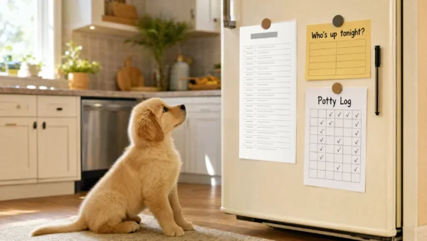 First 14 Days Kit pages pinned to a fridge with a puppy looking up