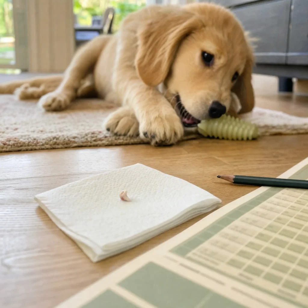A tiny baby puppy tooth on a paper towel next to a weekly mouth check page, with a teething golden retriever puppy behind