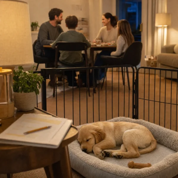 A puppy naps in its pen while the family eats dinner