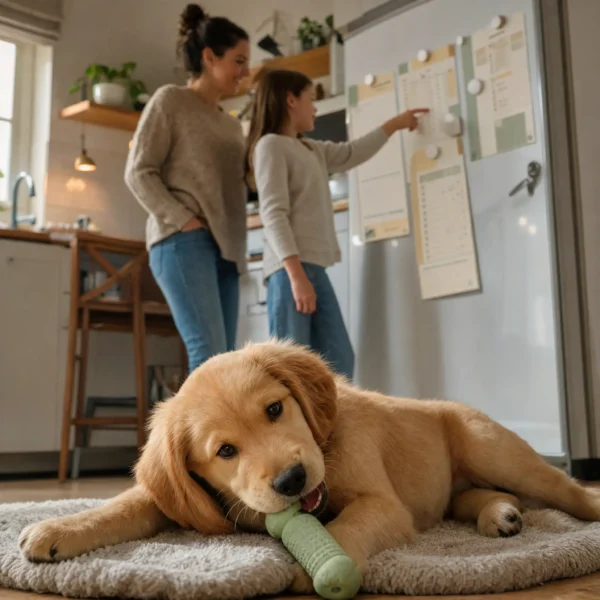 A family checks the 3 to 6 Month Puppy Plan on the fridge while their 4-month-old puppy chews a toy