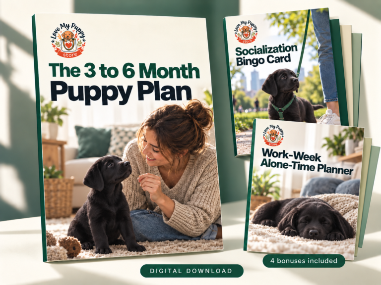 The 3 to 6 Month Puppy Plan with Socialization Bingo Card and Work-Week Alone-Time Planner, two of four included bonuses.