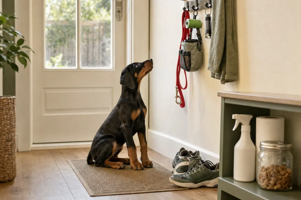 A Doberman puppy sits by the back door looking up at a hook with a leash, poop bags, a treat pouch and a flashlight, with enzyme cleaner and paper towels on a shelf